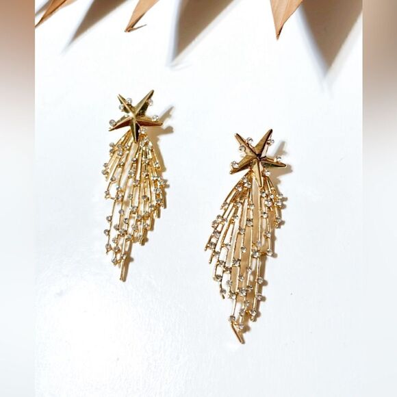 Gold star dangle earrings S529 - Picture 2 of 5
